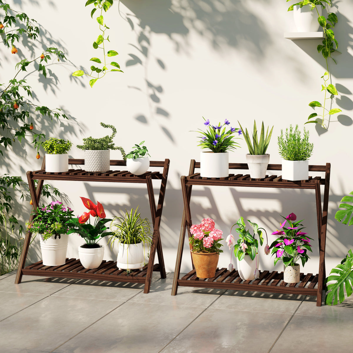 Lot de 2 support plantes intérieur 2 niveaux étagères à plants avec support arrière 73 x 36 x 64 cm marron-1