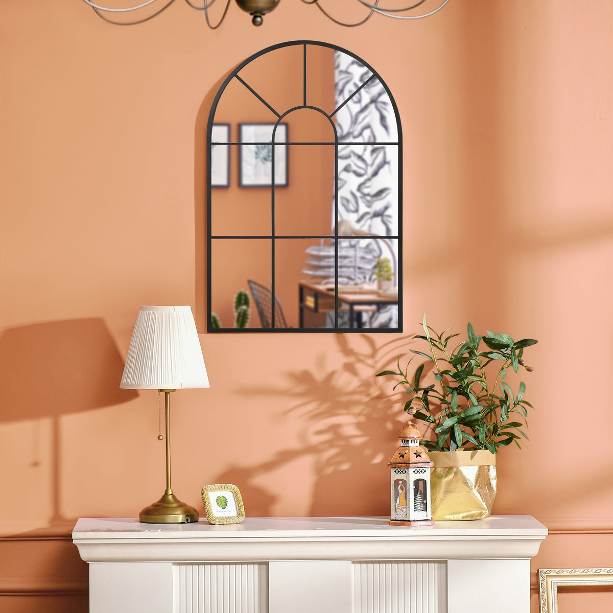 Miroir mural arqué 91 x 60 cm, miroir verrière arche style industriel, miroir de fenêtre arqué avec cadre métallique, pour salon, chambre, couloir, noir-4