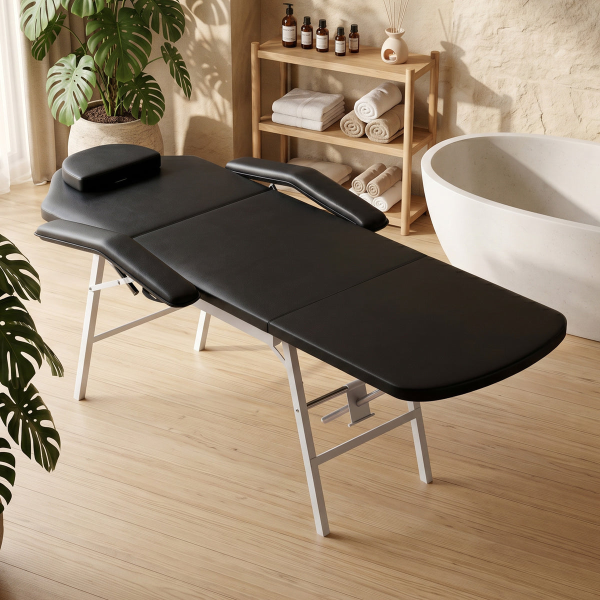 Table de massage pliante, lit de massage 3 zones portable 182 x 62 cm avec appuie-tête et accoudoirs amovibles, noir-1