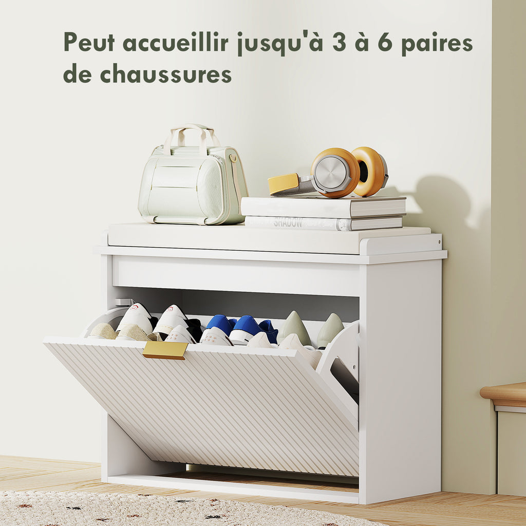 Banc à chaussures avec coussin d'assise rembourré et tiroir rabattable pour couloir, chambre, 62 x 26 x 47,5 cm, blanc-4