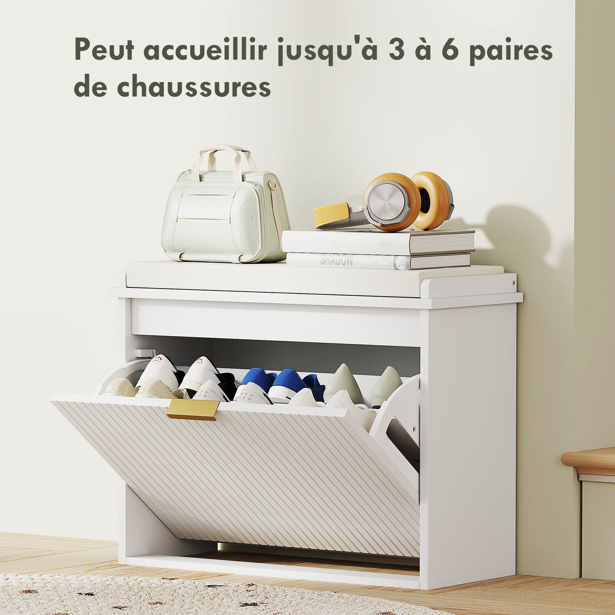 Banc à chaussures avec coussin d'assise rembourré et tiroir rabattable pour couloir, chambre, 62 x 26 x 47,5 cm, blanc-4