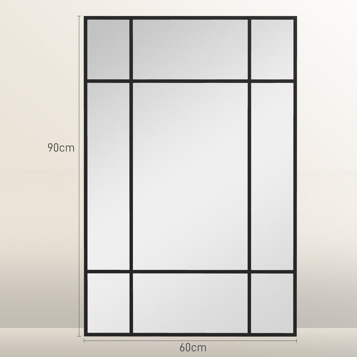 Miroir mural verrière rectangulaire style fenêtre, horizontal ou vertical avec 4 crochets, en métal noir - 90x60 cm-2