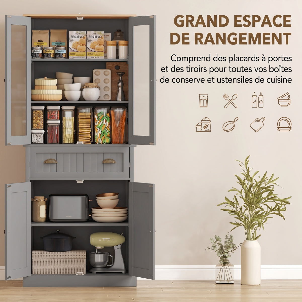 Buffet meuble cuisine rangement armoire de cuisine 4 portes dont 2 portes vitrées et 1 tiroir étagères réglables - gris-4