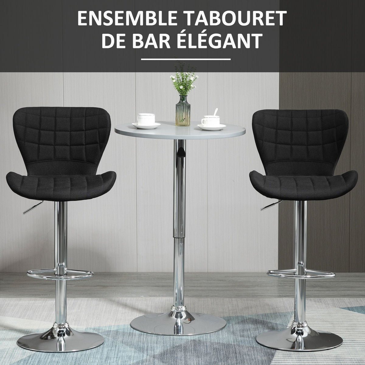 Lot de 2 Tabourets de Bar Design Contemporain Hauteur d'assise réglable 59-81 cm pivotant 360° Lin Noir-3