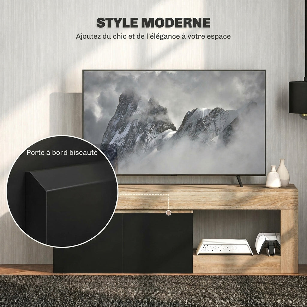 Meuble TV 2 portes pour téléviseurs jusqu'à 60 pouces, meuble télé avec placard et étagère ouverte, noir-3