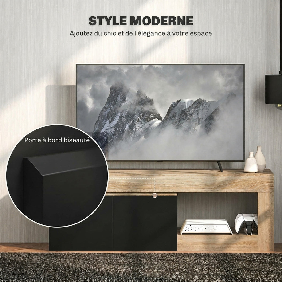 Meuble TV 2 portes pour téléviseurs jusqu'à 60 pouces, meuble télé avec placard et étagère ouverte, noir-3