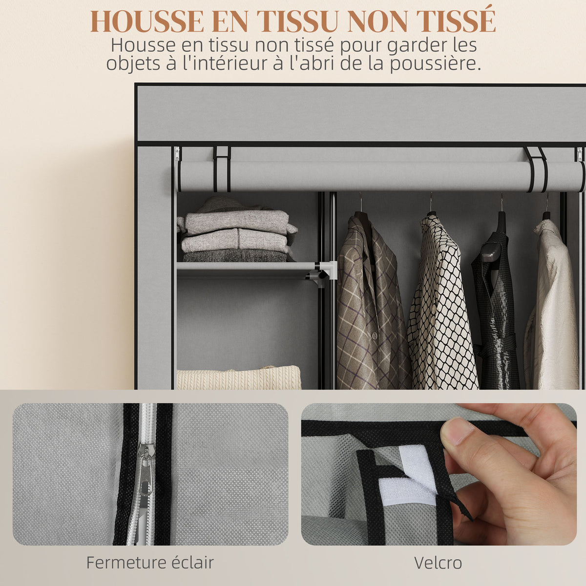 Armoire penderie en tissu meuble de rangement 6 roulettes tringle à vêtements et étagères ouvertes 103x43x162,5cm gris-4