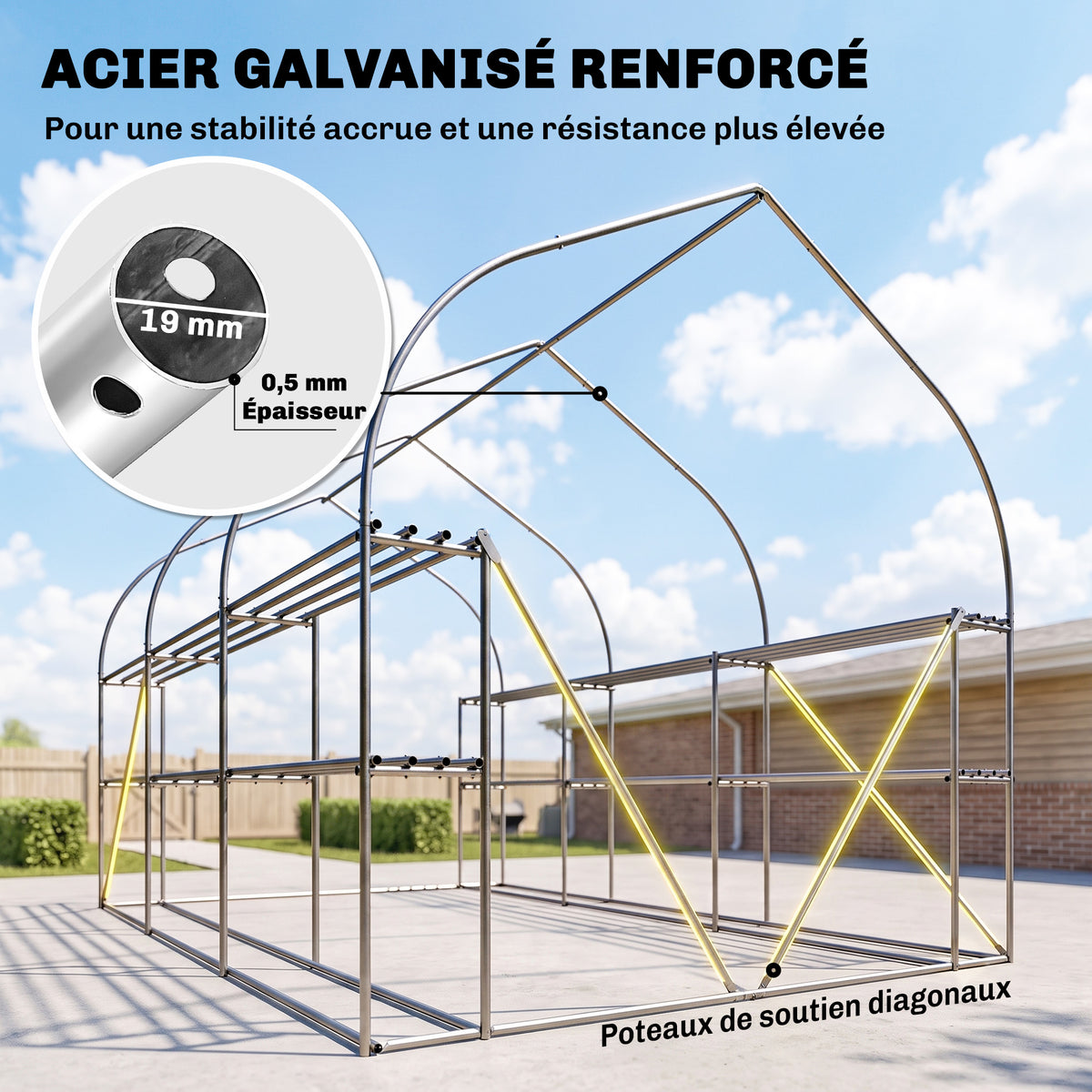 Serre tunnel de jardin 6m², serre de jardin avec étagères, porte et 6 fenêtres, cadre en acier galvanisé, vert-4