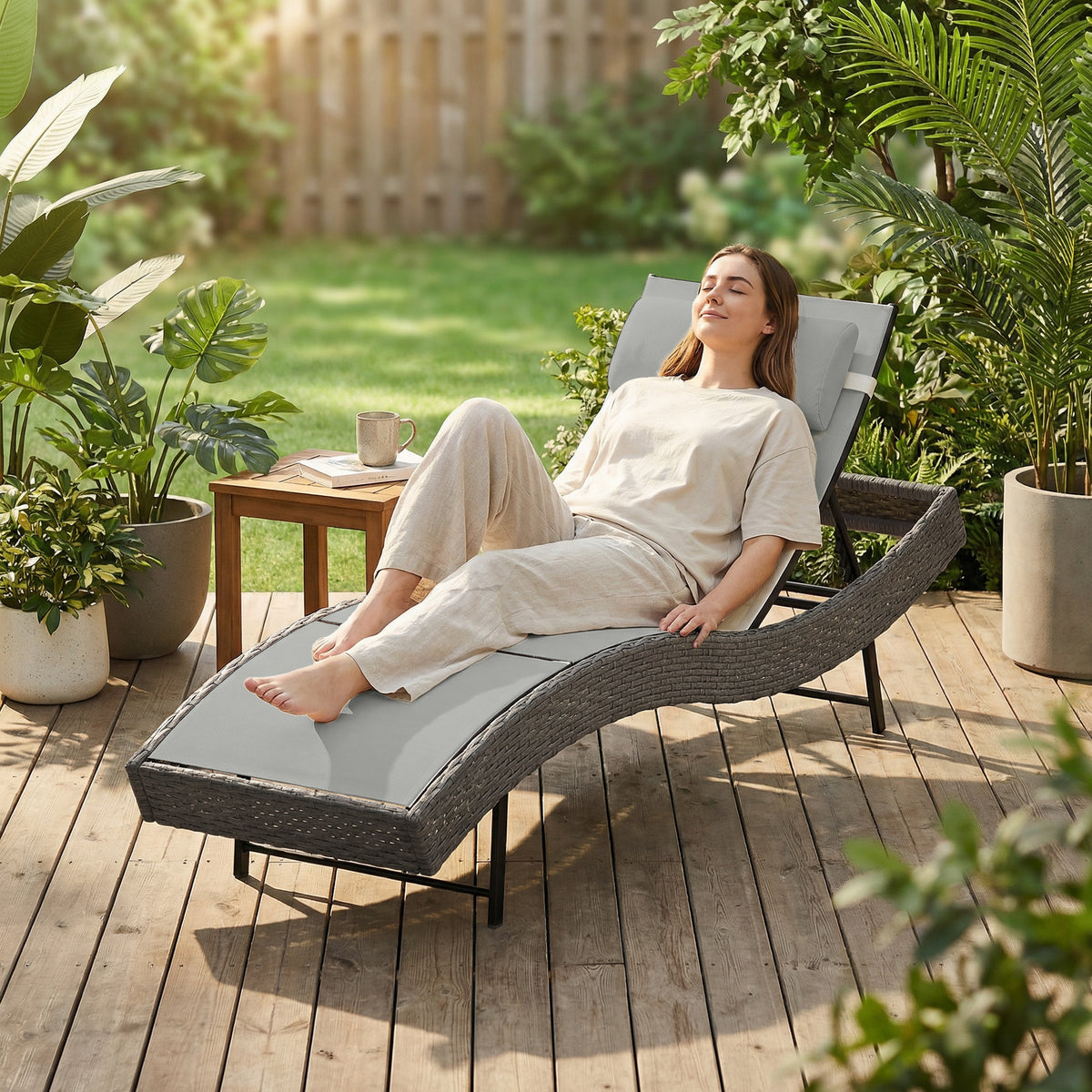 Chaise longue en résine tressé, bain de soleil avec dossier réglable 5 positions et appui-tête, 198 x 61 x 44 cm, gris-9