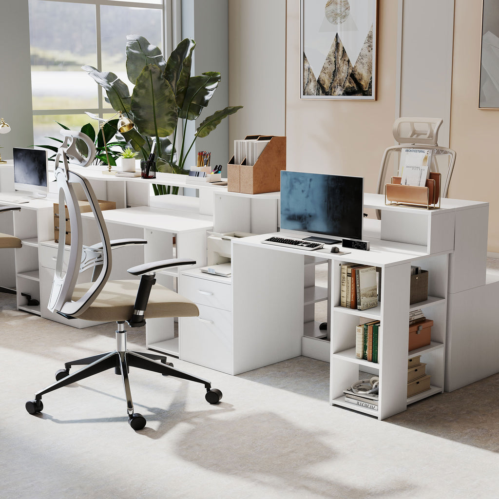 Bureau informatique, bureau avec rangement, 2 tiroirs, étagères ouvertes et tablette d'imprimante, 137x55x92cm, blanc-7