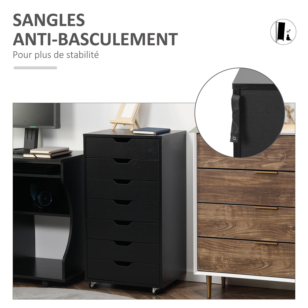 Caisson de bureau à roulette meuble rangement bureau avec 7 tiroirs organisateur pour documents, format A4 ou lettres-6