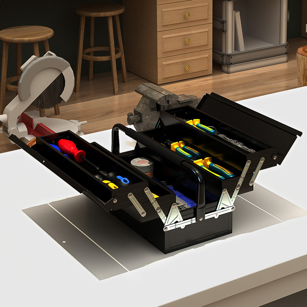 Boite à outils métallique - coffret à outils - caisse à outils 3 niveaux 5 plateaux rétractables - tôle acier noir-9