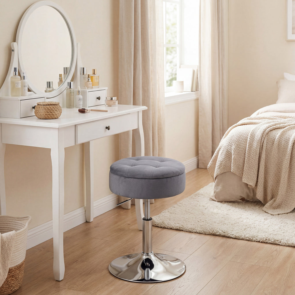 Tabouret de coiffeuse en velours, tabouret de maquillage pivotant avec rangement, hauteur réglable de 49-65 cm, gris-9