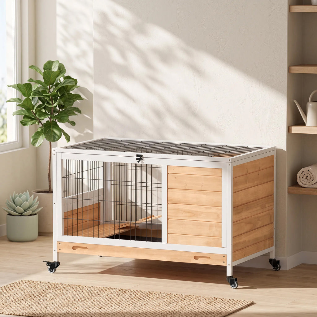 Clapier lapin intérieur clapier pour cochon d'inde en bois avec toit ouvrant et roulettes 90 x 53 x 59 cm jaune et blanc-8