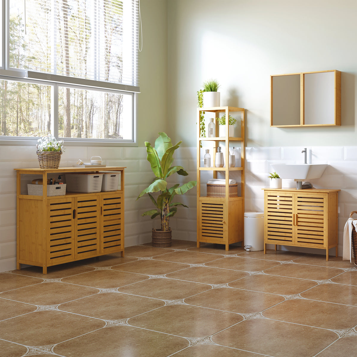Buffet meuble de rangement 3 portes ajourées et étagères en bambou 100 x 35 x 82 cm naturel-1