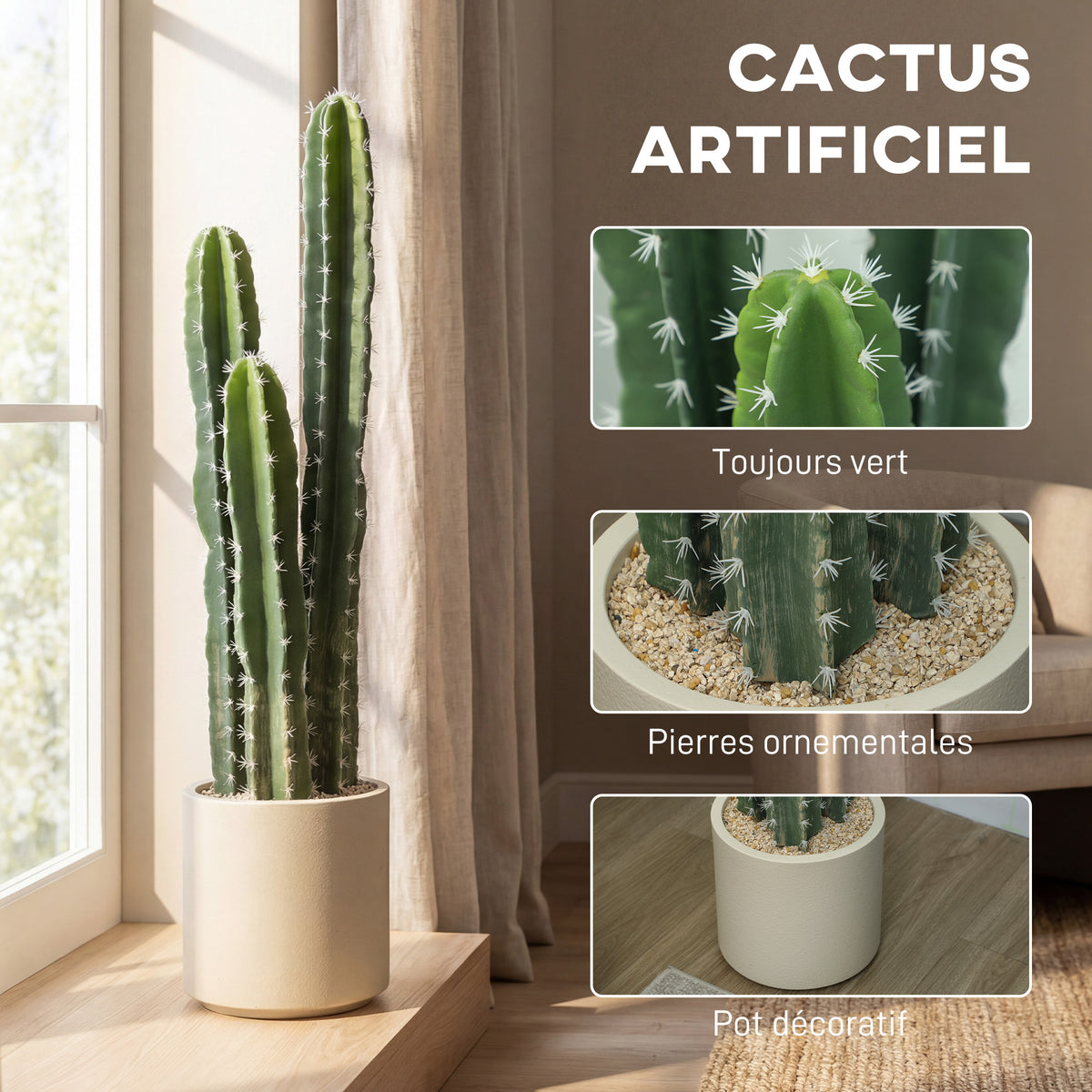Cactus Artificiel 95 cm, Plante Artificielle en Pot, Tiges Réglables, Grand Réalisme, pour Maison et Bureau, Vert-3