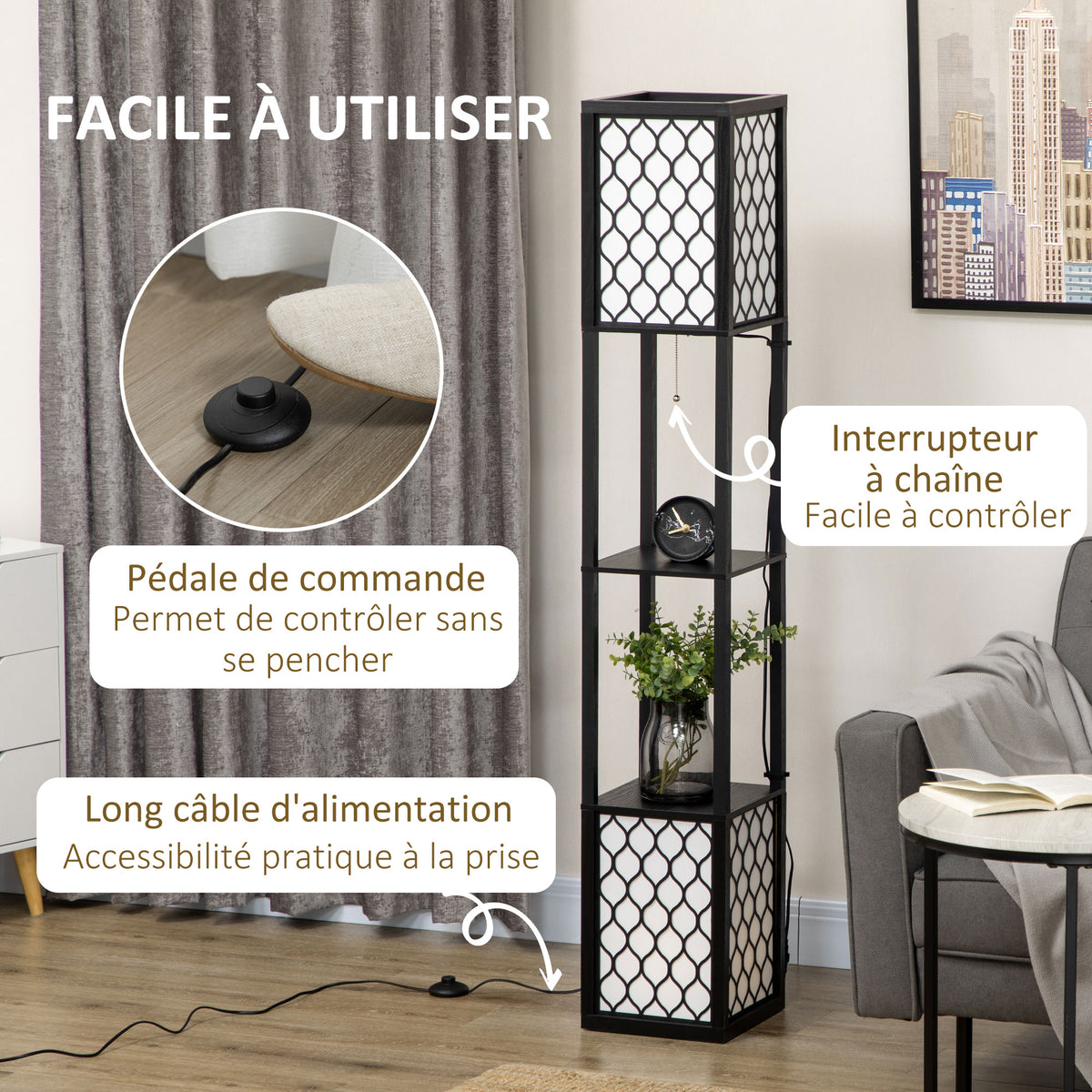 Lampadaire étagère 2 lampes 2 étagères 4 niveaux MDF noir motif nid d'abeille 26 x 26 x 156 cm noir-5