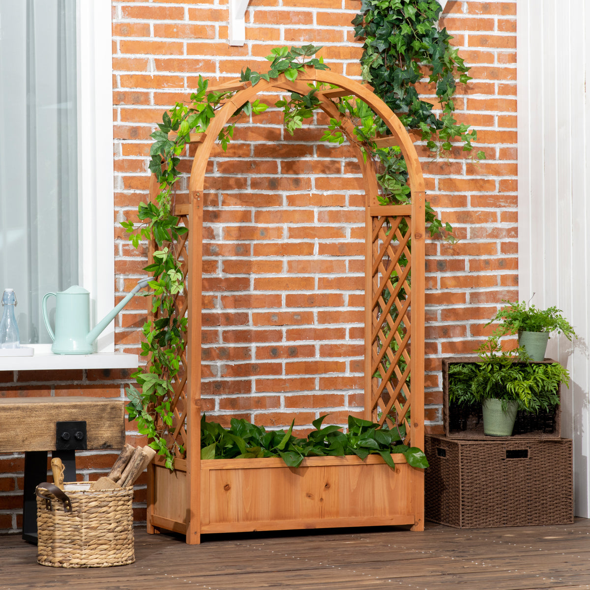 Jardinière rectangulaire sur pied avec treillis et arche - 83 x 36 x 152 cm - fond à lattes - bois sapin pré-huilé-9