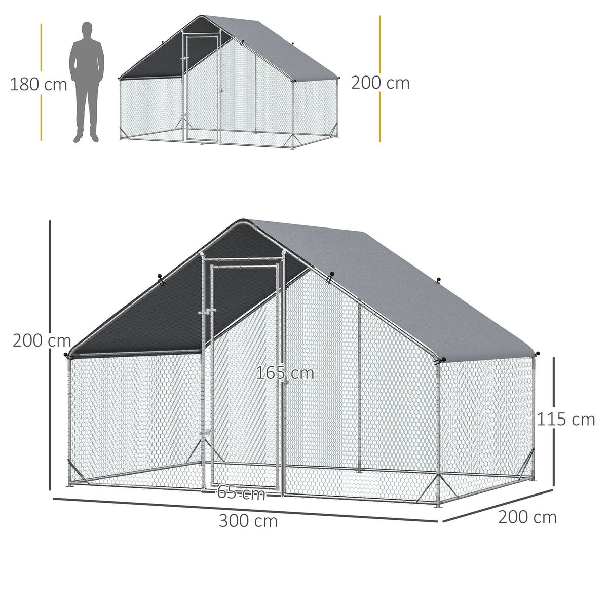 Enclos pour Poules XXL 6 m² - Grand Parcours Extérieur en Acier Galvanisé 3x2x2m - Volière de Jardin Anti-renard avec Bâche de Toit pour 4-6 Poules, Canards ou Lapins, Gris-2