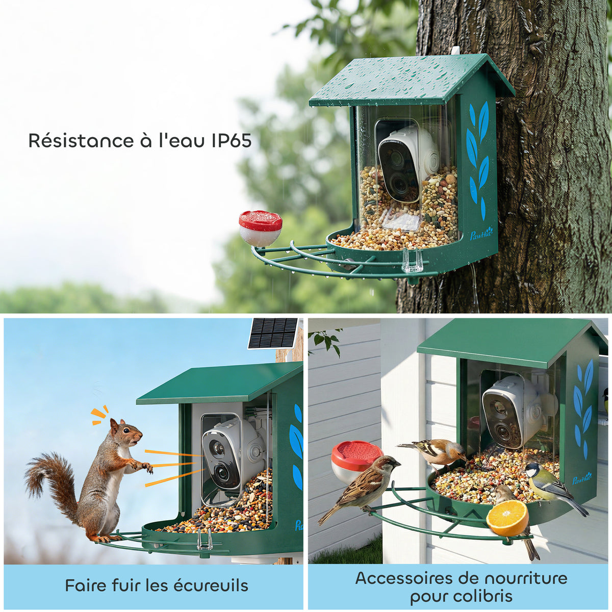 Mangeoire à Oiseaux avec Caméra 2K Solaire 2,5L 142°, Identification IA 16000+, App, IP65, SD 32 Go, 30x34,5x26,3cm Vert-6