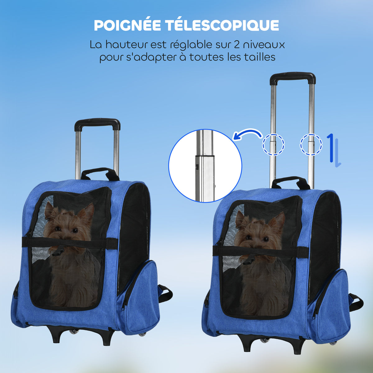 Sac de transport à roulettes pour chien 2 en 1 trolley chariot sac à dos pour chien chat avec poignée téléscopique, sacs de rangement, aérations, attache de sécurité, 42 x 25 x 55 cm, bleu-4