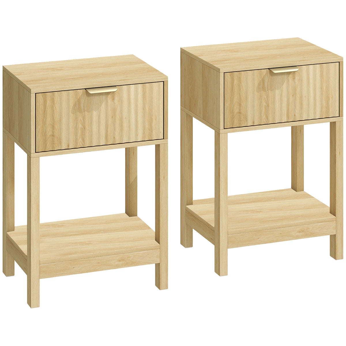 Lot de 2 Tables de Chevet, Tables d'Appoint avec Tiroir, Façade Rainurée et Étagère Ouverte, 40 x 30 x 60 cm, Chêne-0