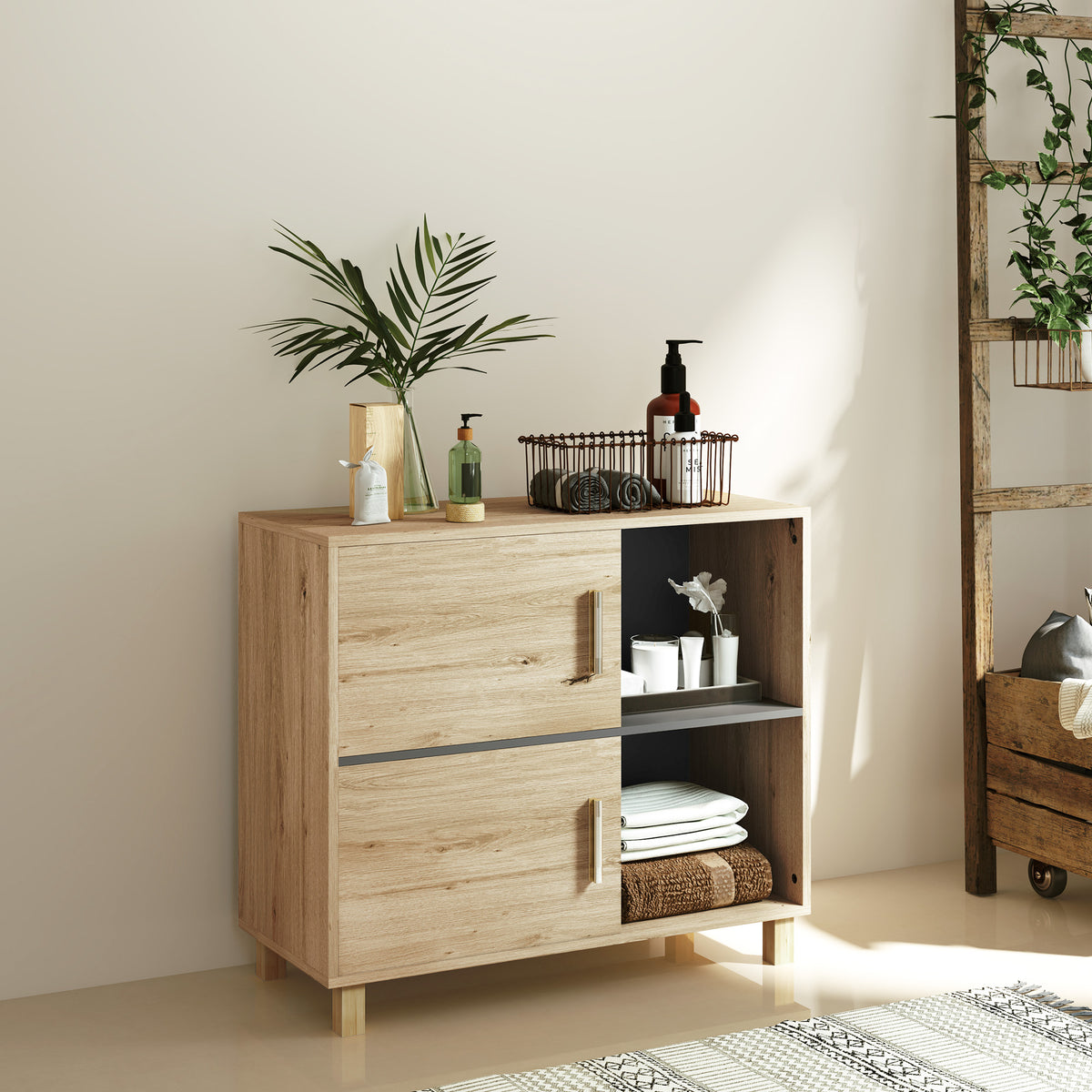 Meuble de salle de bain, meuble de rangement avec compartiments ouverts et placard, dim. 80 x 35 x 70 cm, bois naturel-9