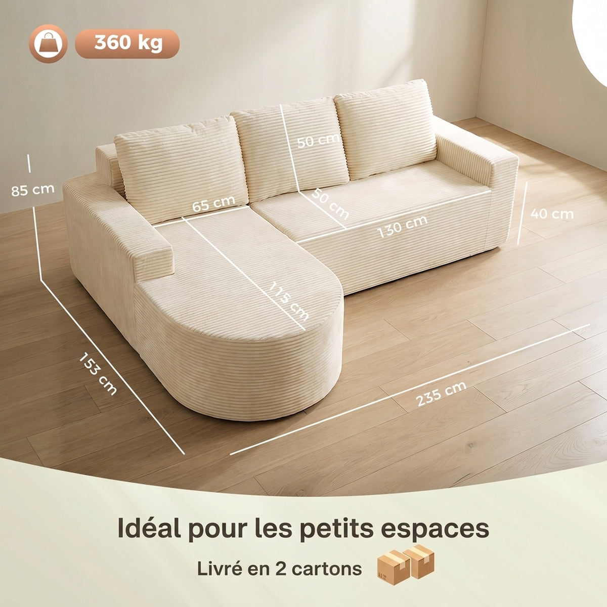 Canapé d'Angle 3 Places en Velours Côtelé, Canapé Compressé en L 235cm, Méridienne Incurvée, Assise Profonde, Beige-2