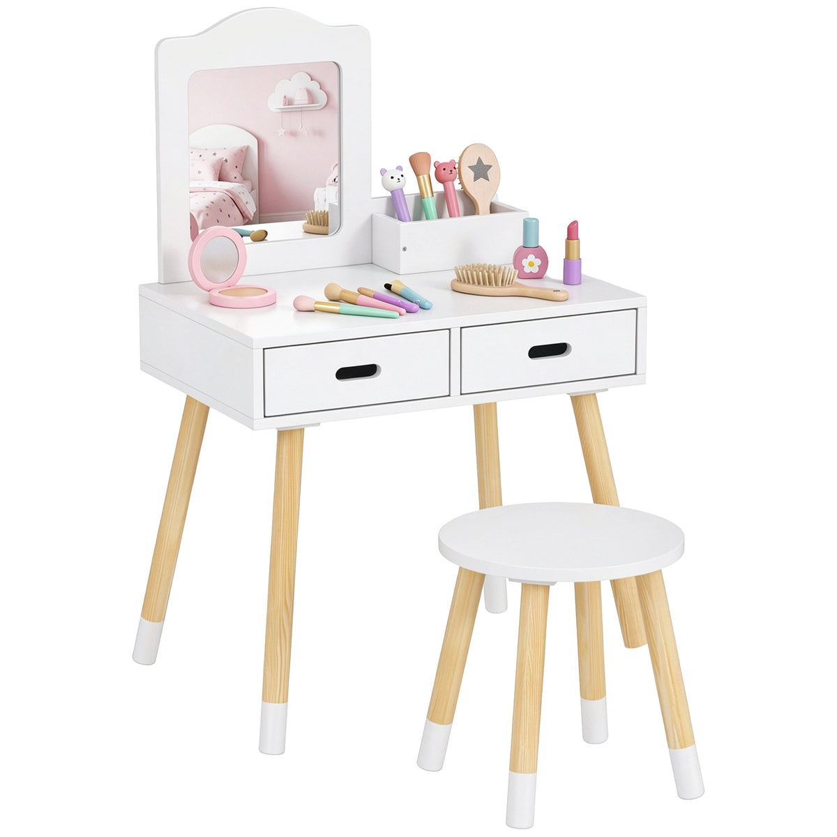 Coiffeuse enfant table de maquillage avec tabouret miroir et 2 tiroirs 3 à 6 ans 60 x 40 x 95 cm blanc et bois-0