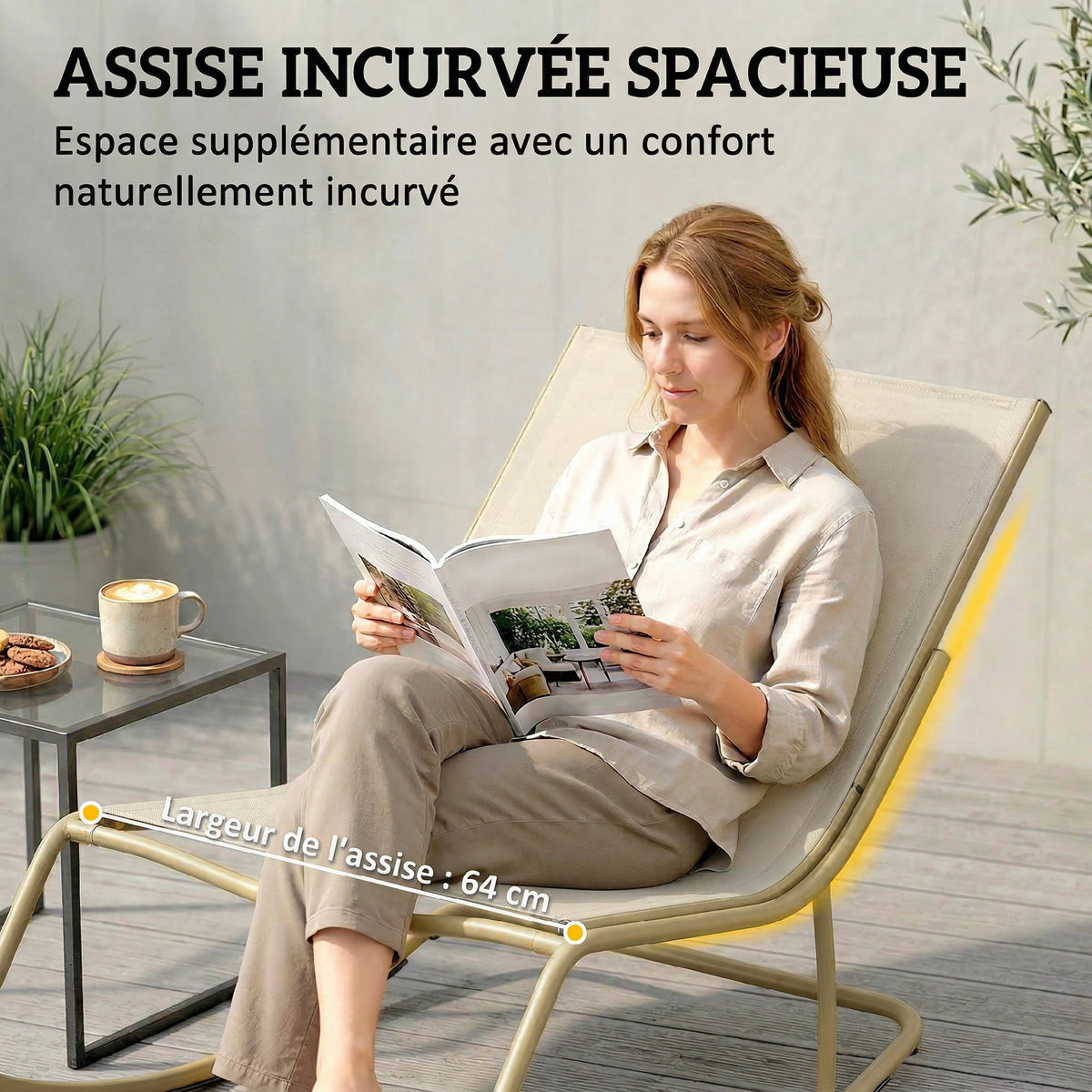 Fauteuil à Bascule Extérieur Coussin Moelleux 125cm Large 64cm en Acier et Textilène Beige et Doré-4