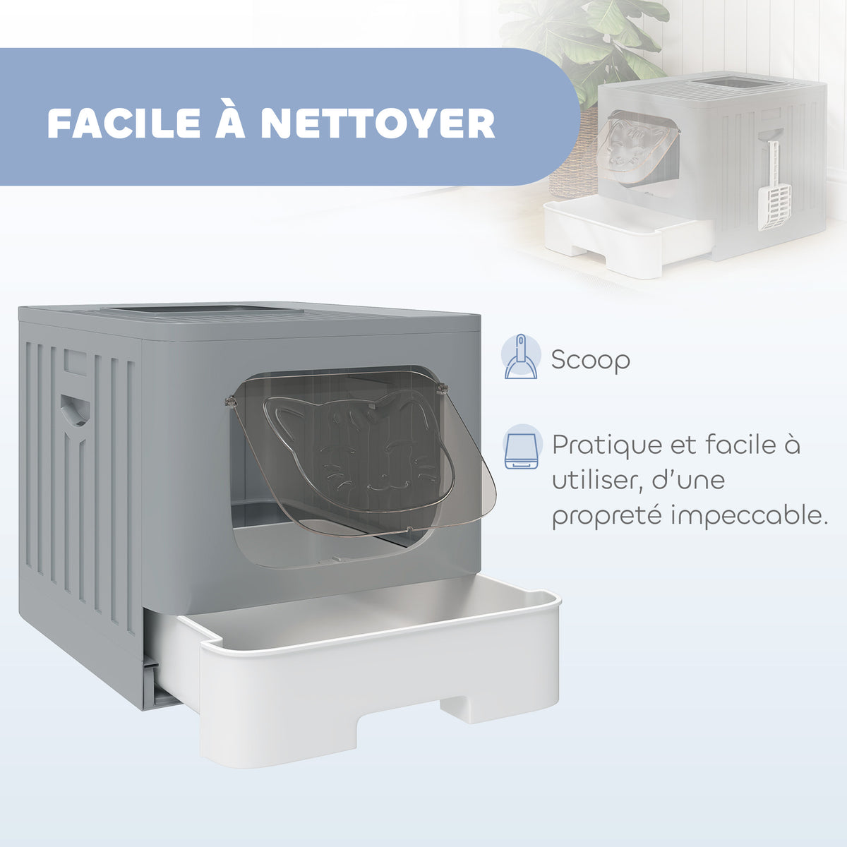 Maison de Toilette pour Chat, Tiroir Coulissant, Couvercle, 2 Portes Réglables, Pelle, Détachable, 48x38x38,5cm, Gris-3