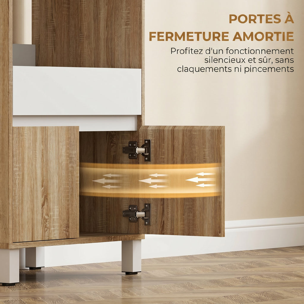 Meuble Micro-Ondes, Buffet Cuisine avec Tiroir, 2 Portes à Fermeture Douce, Plan de Travail et Étagères Ouvertes, Chêne-4