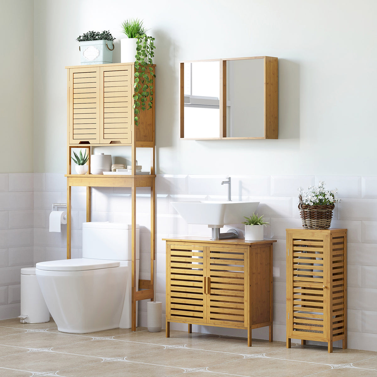 Armoire de salle de bain en bambou 1 étagère réglable design naturel 30 x 19,9 x 70 cm naturel-1