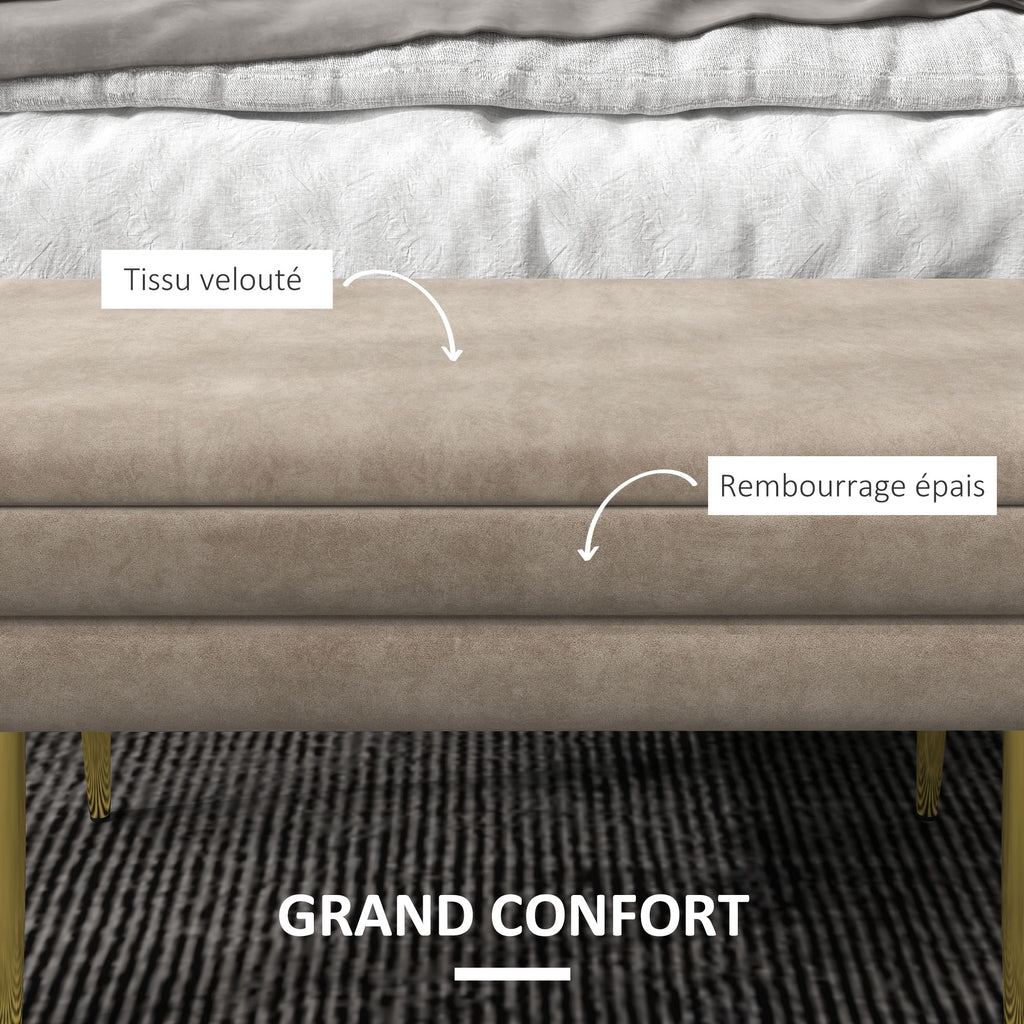 Banc banquette coffre de rangement 2 en 1 assise aspect velours et pieds acier - 79,5L x 37,5P x 43H cm beige et doré-3