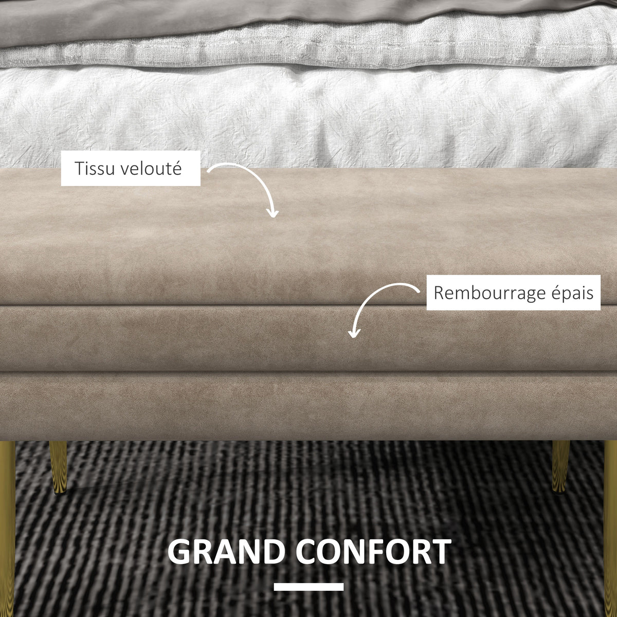 Banc banquette coffre de rangement 2 en 1 assise aspect velours et pieds acier - 79,5L x 37,5P x 43H cm beige et doré-3