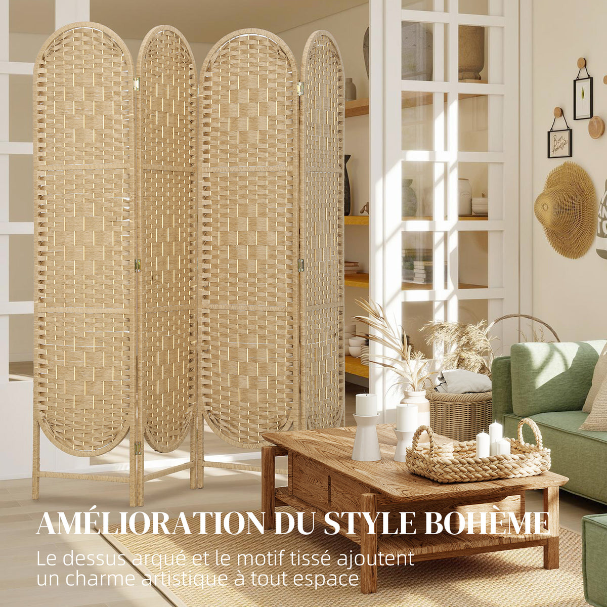 Paravent interieur ovale 4 panneaux 160 x 170 cm séparateur de pièce pliable, léger et tissé, bois naturel-4