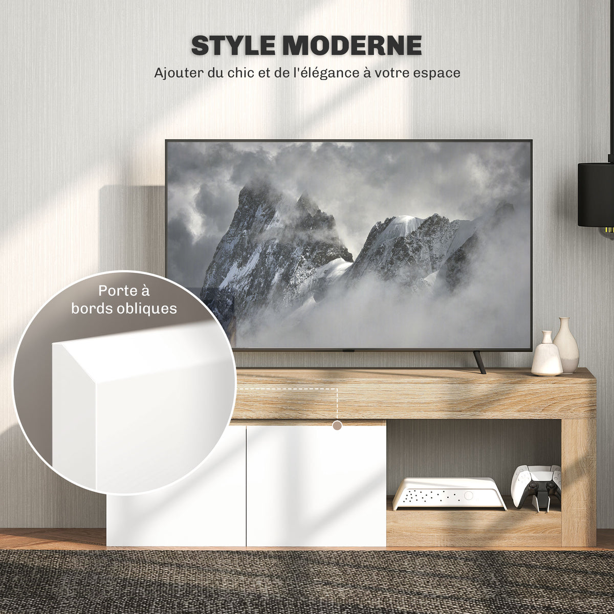Meuble TV 2 portes pour téléviseurs jusqu'à 60 pouces, meuble télé avec placard et étagère ouverte, effet bois naturel-3