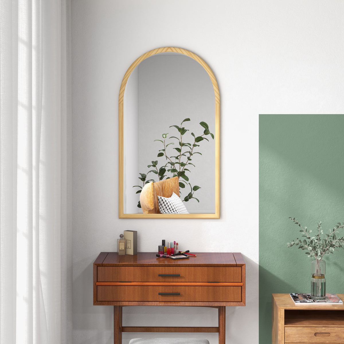 Miroir mural arche, 110 x 65 cm Cadre en bois, Miroir arqué pour le salon, la chambre, l'entrée, bois naturel-7