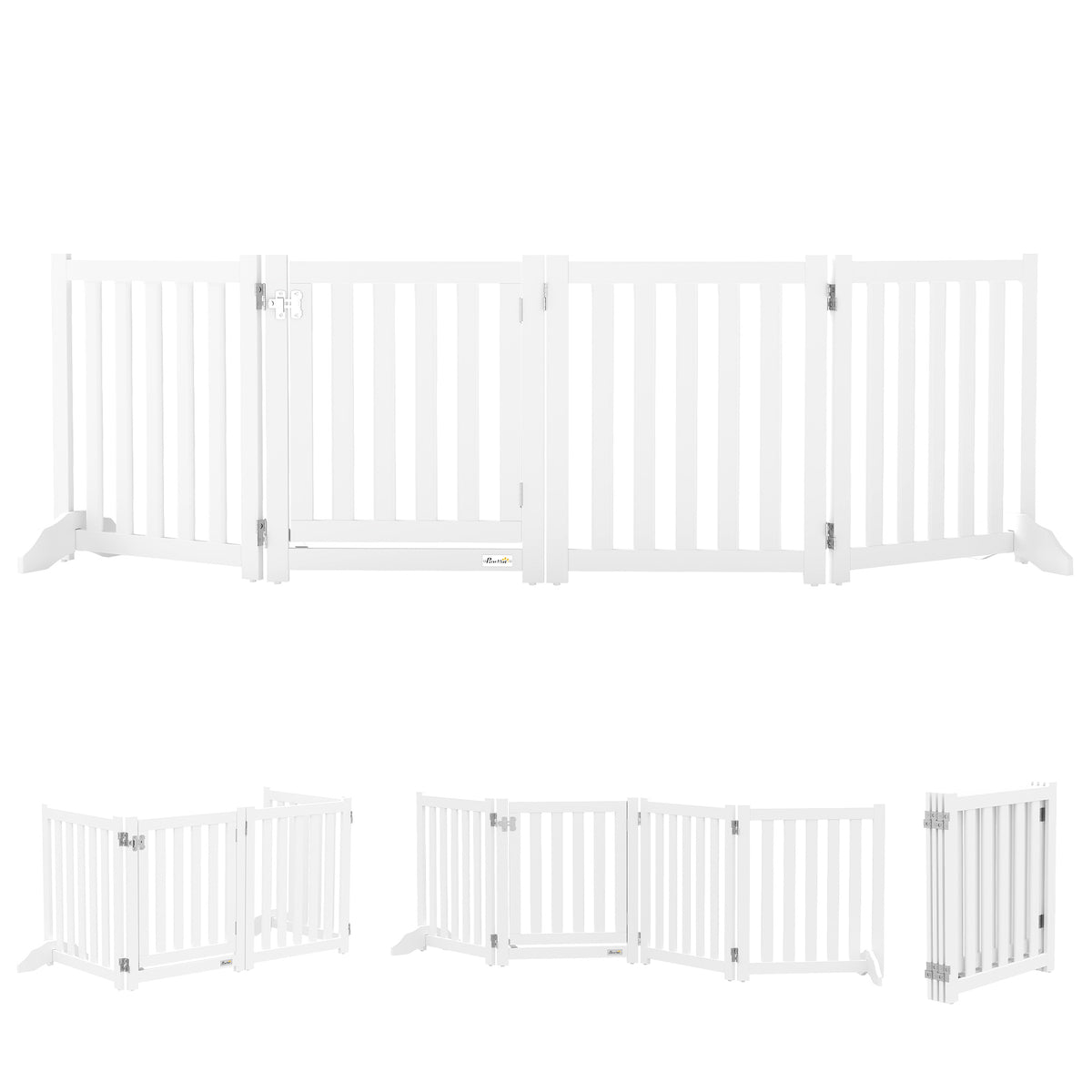 Barrière de Sécurité Chien Pliable Double Face en Bois, 4 Panneaux avec Porte, Pieds de Support, 205 x 60 cm, Blanc-0