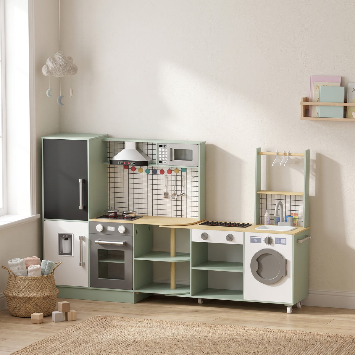 Cuisine Enfant Jouet d'Imitation, Micro-Ondes, Four, Plateau Rotatif sur Roulettes, 160x32x97,5cm, Vert Clair-9