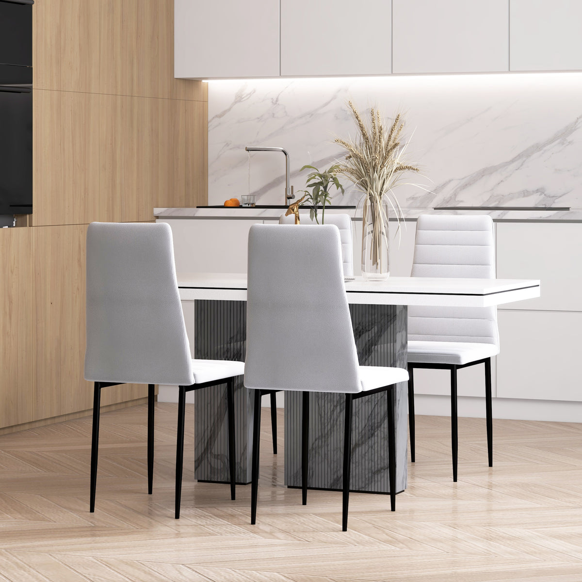 Lot de 4 chaises de salle à manger chaises de cuisine avec dossier haut pieds en métal et tissu en lin 41x50x97cm blanc-1