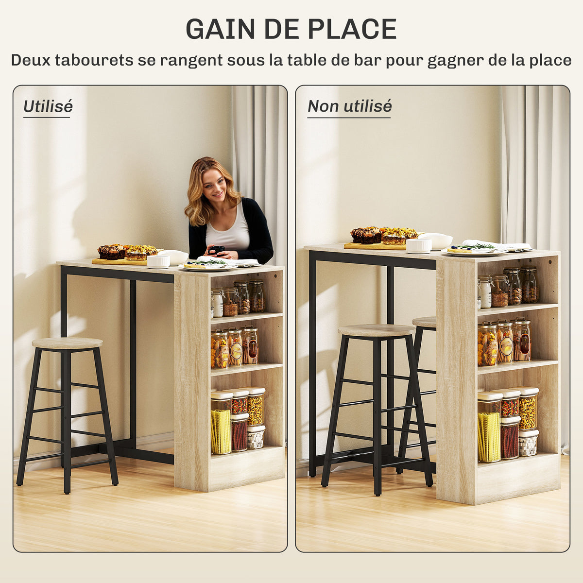 Ensemble table de bar avec tabourets, compartiments ouverts, étagère réglable et repose-pieds, chêne et noir-5