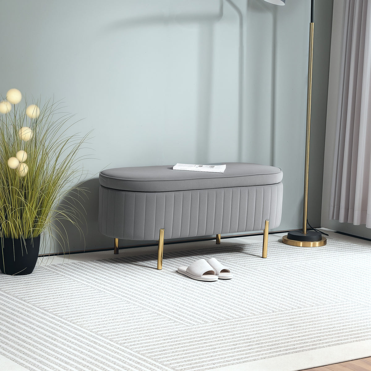 Banc de rangement, bout de lit en velours avec couvercle, pieds en métal, capacité 72 L, 107x42x45,5cm, gris-1