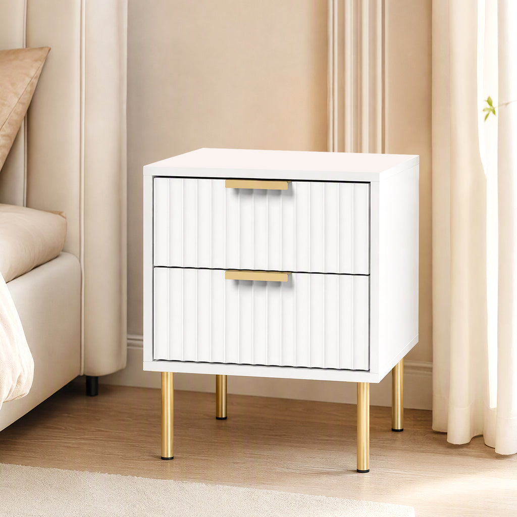 Table de chevet, table de nuit cannelée avec 2 tiroirs et pieds en acier, pour chambre à coucher, salon, blanc-1
