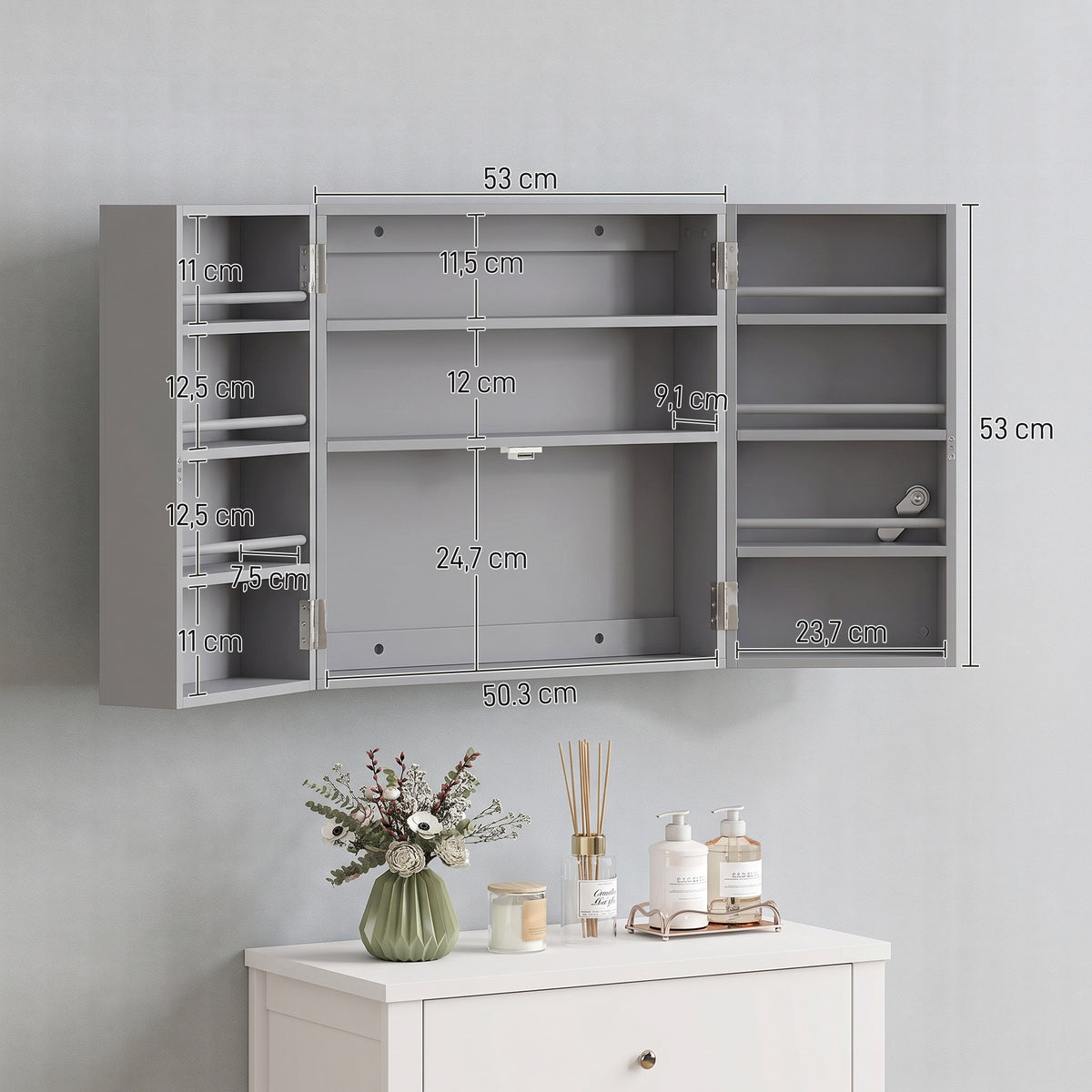 Armoire à pharmacie murale, armoire à médicaments avec double porte verrouillable 2 clés, 53x20x53cm, gris-2