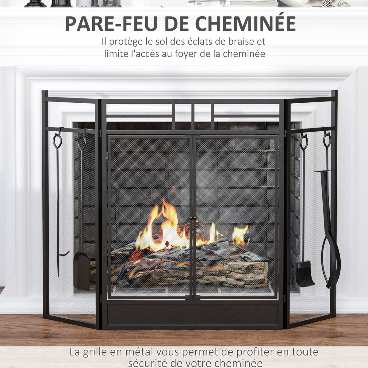Pare-feu Large pour cheminée ou poêle - Pare-étincelles serviteur de cheminée 2 en 1 avec Accessoires - 3 Volets Pliables et Porte - Acier métal Noir-3