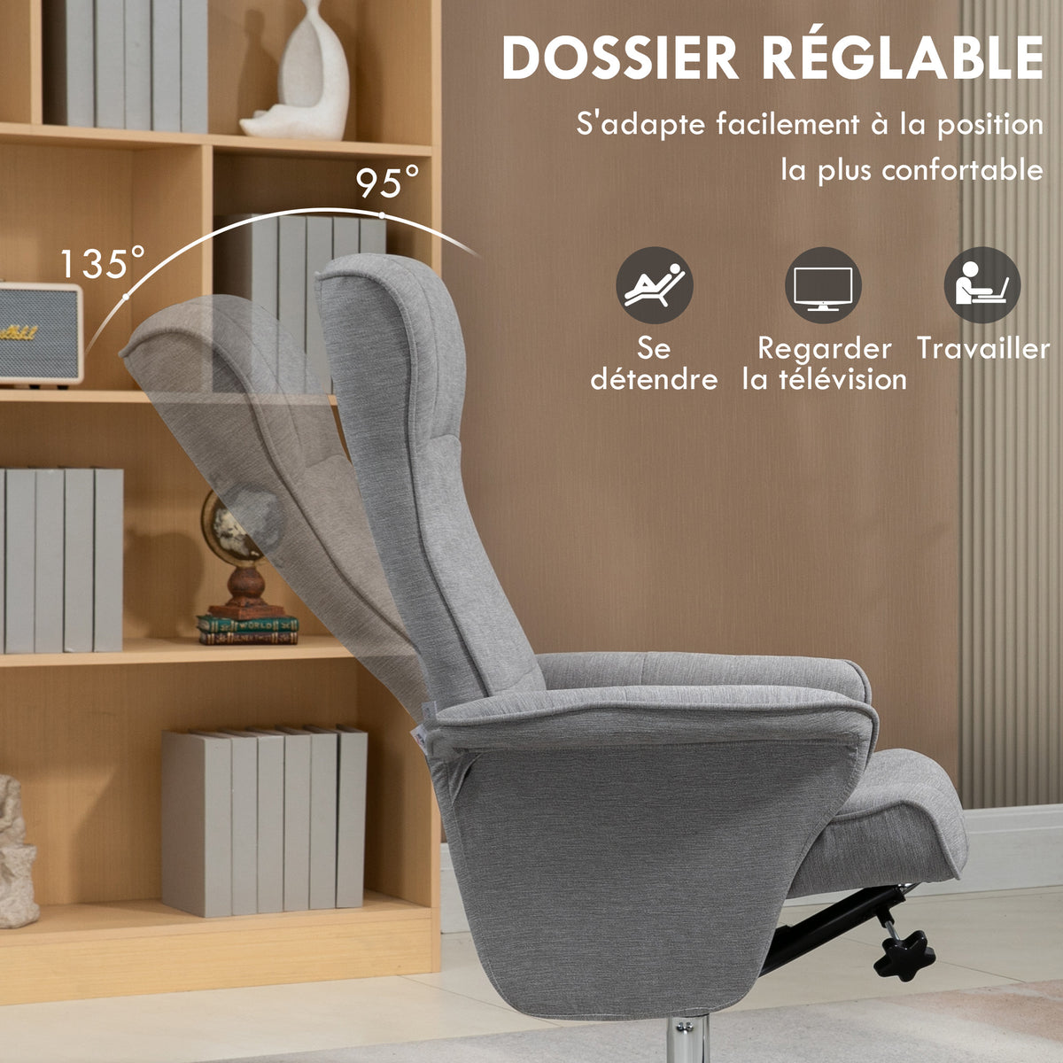Fauteuil relax inclinable 135° pivotant 360° avec repose-pieds revêtement tissu gris-3