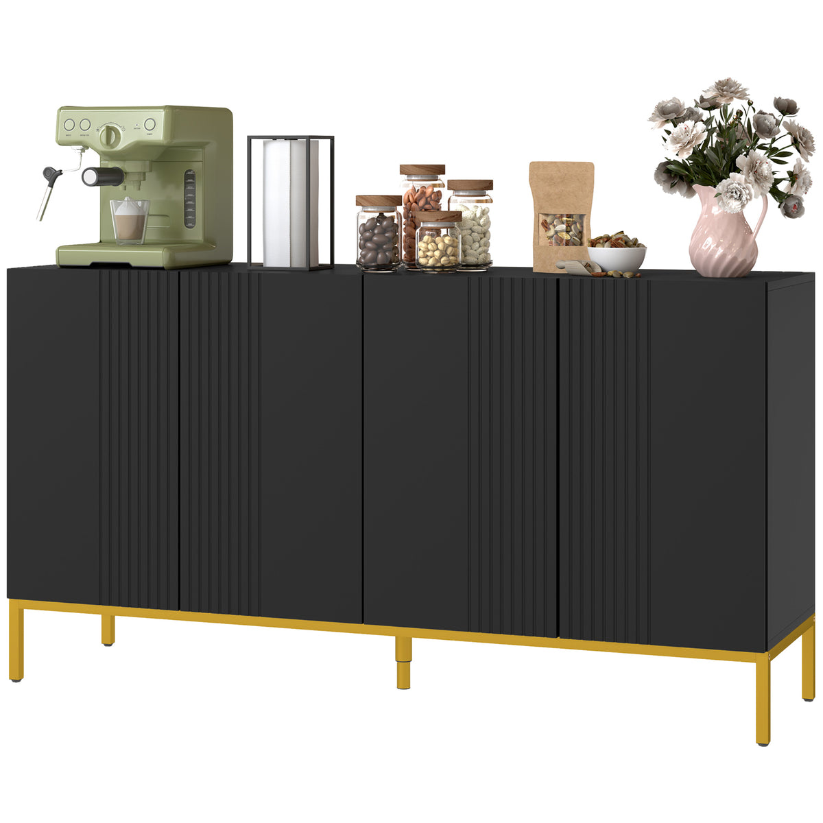 Buffet design contemporain graphique 2 placards porte étagères réglables en bois noir métal doré-0