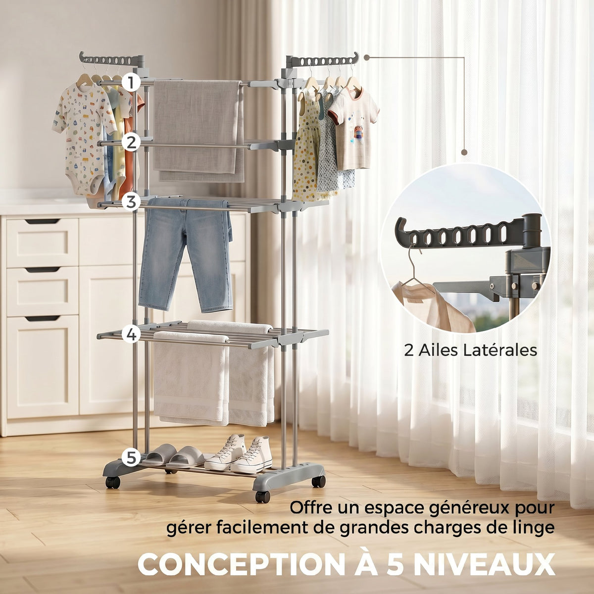 Séchoir à linge pliable 4 niveaux avec roulettes, étendoir linge intérieur avec ailes latérales, cadre en acier, gris-3