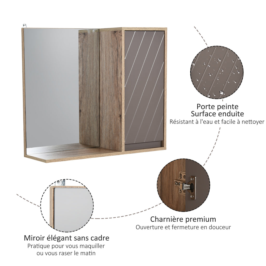 Miroir de Salle de Bain avec étagère et Placard - système Fixation intégré - Panneaux Particules chêne Clair Gris-5